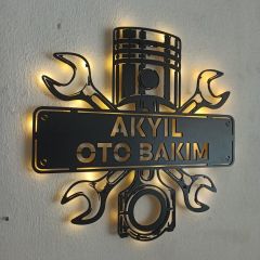 Oto Bakım Tasarımlı İsimli ve Işıklı Duvar Dekoru