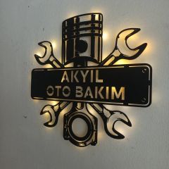 Oto Bakım Tasarımlı İsimli ve Işıklı Duvar Dekoru