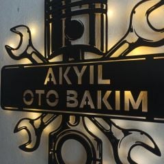 Oto Bakım Tasarımlı İsimli ve Işıklı Duvar Dekoru