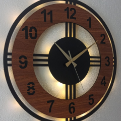 Ahşap Desenli Işıklı Modern Duvar Saati