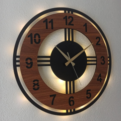 Ahşap Desenli Işıklı Modern Duvar Saati