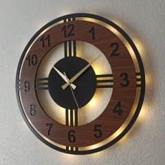 Ahşap Desenli Işıklı Modern Duvar Saati