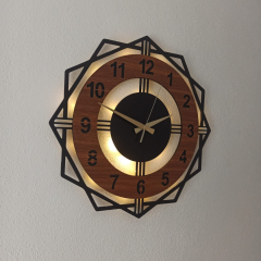 Ceviz Renkli Işıklı Duvar Saati - Geometrik Modern Saat