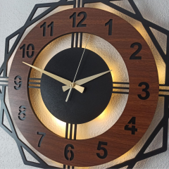 Ceviz Renkli Işıklı Duvar Saati - Geometrik Modern Saat