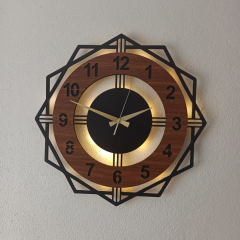 Ceviz Renkli Işıklı Duvar Saati - Geometrik Modern Saat