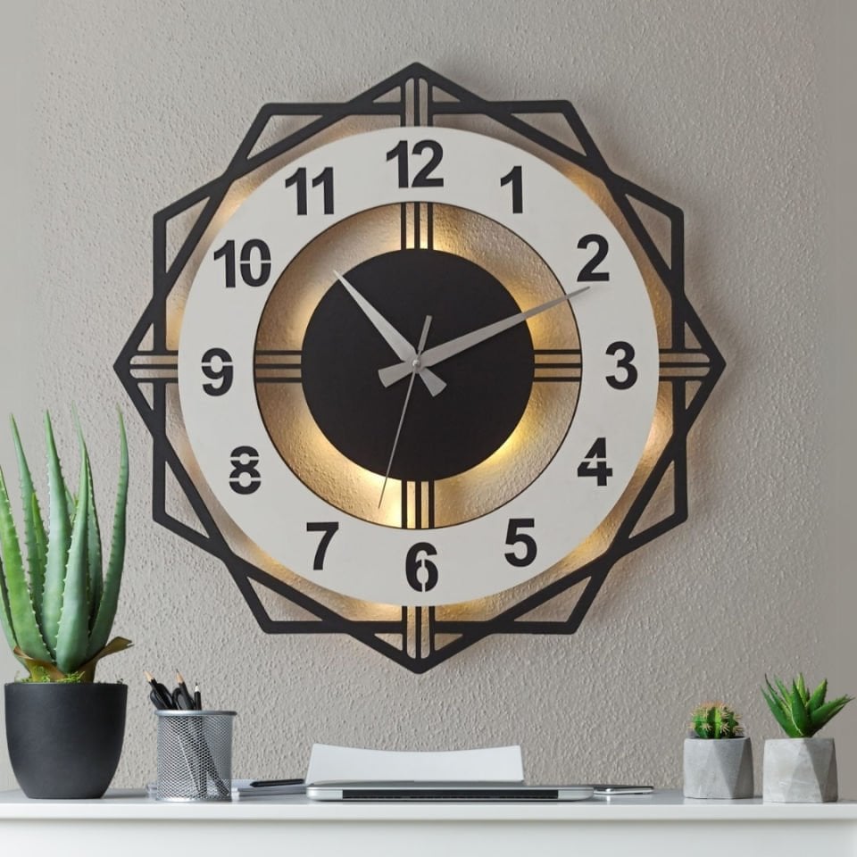 Beyaz Renkli Işıklı Duvar Saati - Geometrik Modern Saat