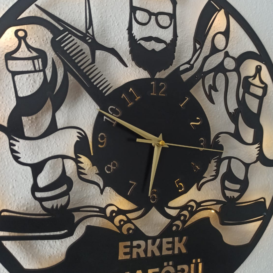 Erkek Kuaförü İçin Özel Tasarım Işıklı Duvar Saati