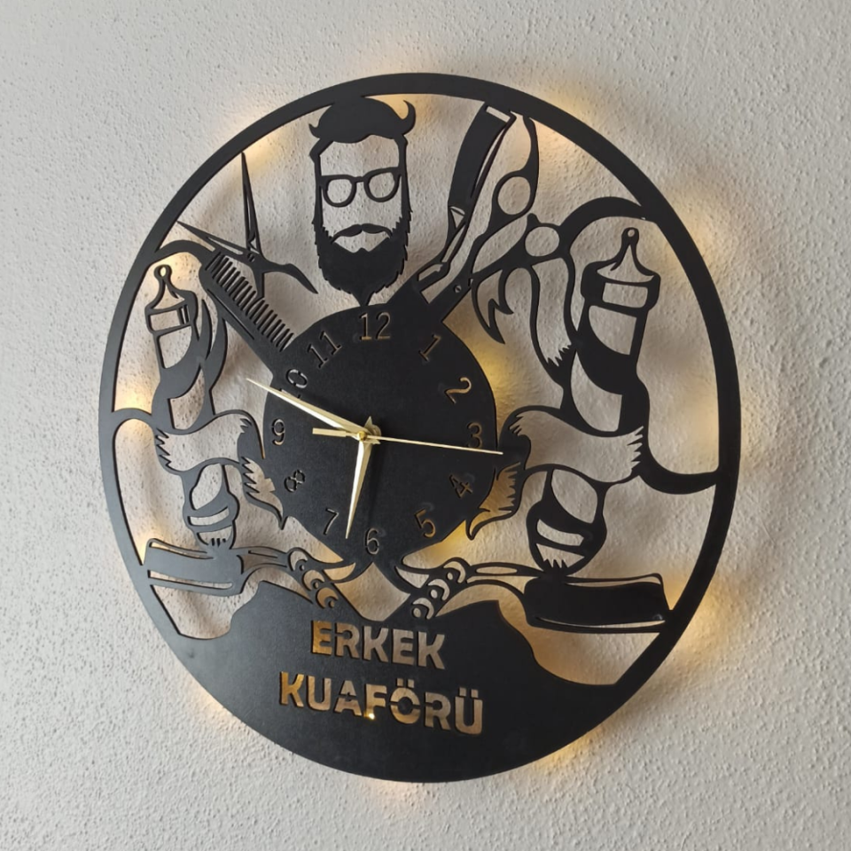 Erkek Kuaförü İçin Özel Tasarım Işıklı Duvar Saati