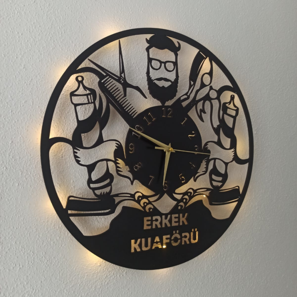 Erkek Kuaförü İçin Özel Tasarım Işıklı Duvar Saati