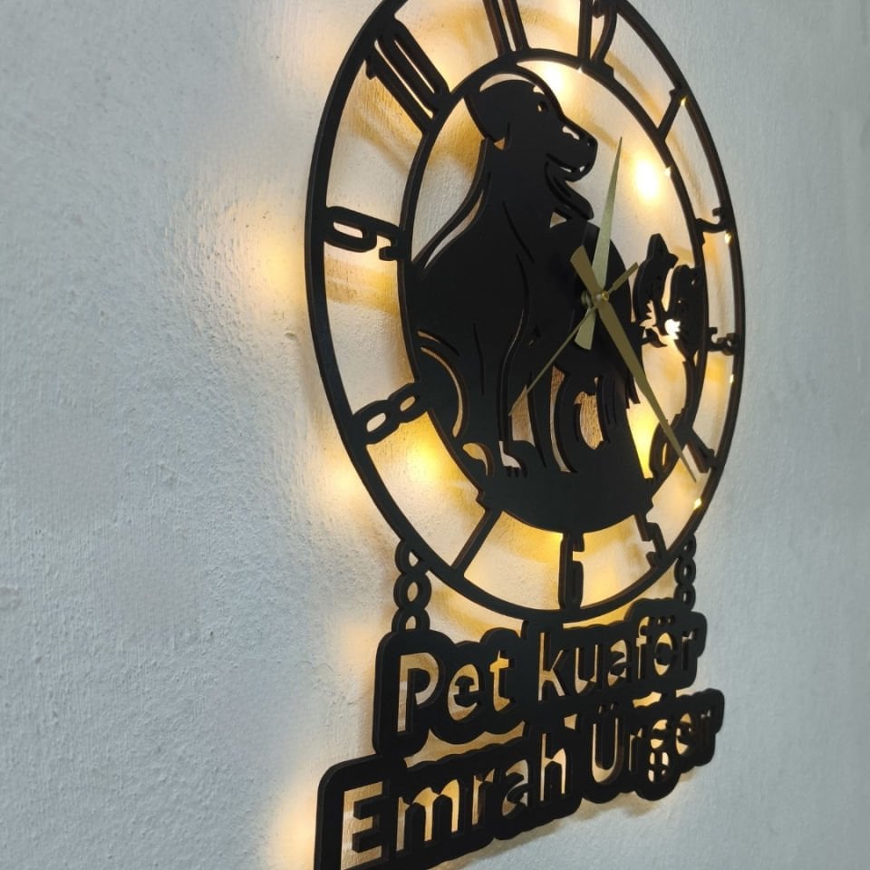 Veteriner Kliniği LED Işıklı MDF Duvar Saati - Pet Kuaförü