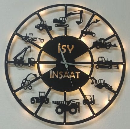 İş makineleri temalı isimli LED ışıklı dekoratif duvar saati