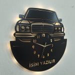 Mercedes W123 kasa figürlü LED ışıklı isim yazılabilir dekoratif duvar saati