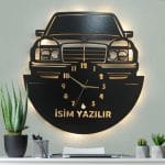Mercedes W124 kasa figürlü LED ışıklı isim yazılabilir dekoratif duvar saati