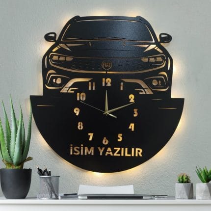 Fiat Egea Cross tasarımlı LED ışıklı isim yazılabilir dekoratif duvar saati