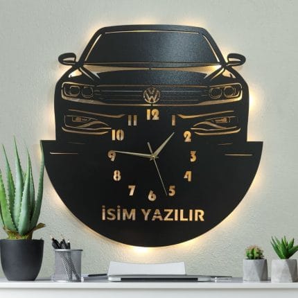 Volkswagen Passat tasarımlı LED ışıklı isim yazılabilir dekoratif duvar saati