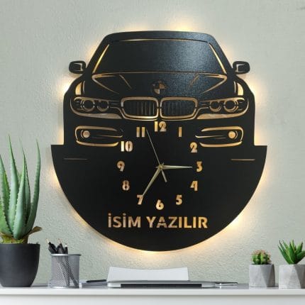 BMW tasarımlı LED ışıklı isim yazılabilir dekoratif duvar saati